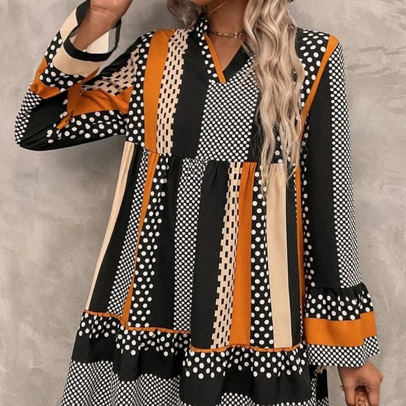 . Dresses & Skirts - Orange Preppy Womens Striped & Polka Dot Flounce Sleeve Ruffle Hem Smock Dress